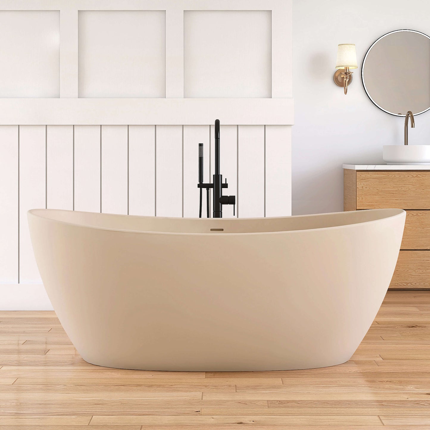 Medunjess 65'' Freestanding Bathtub Solid Surface Deep Soaking Tubs Double Slippers