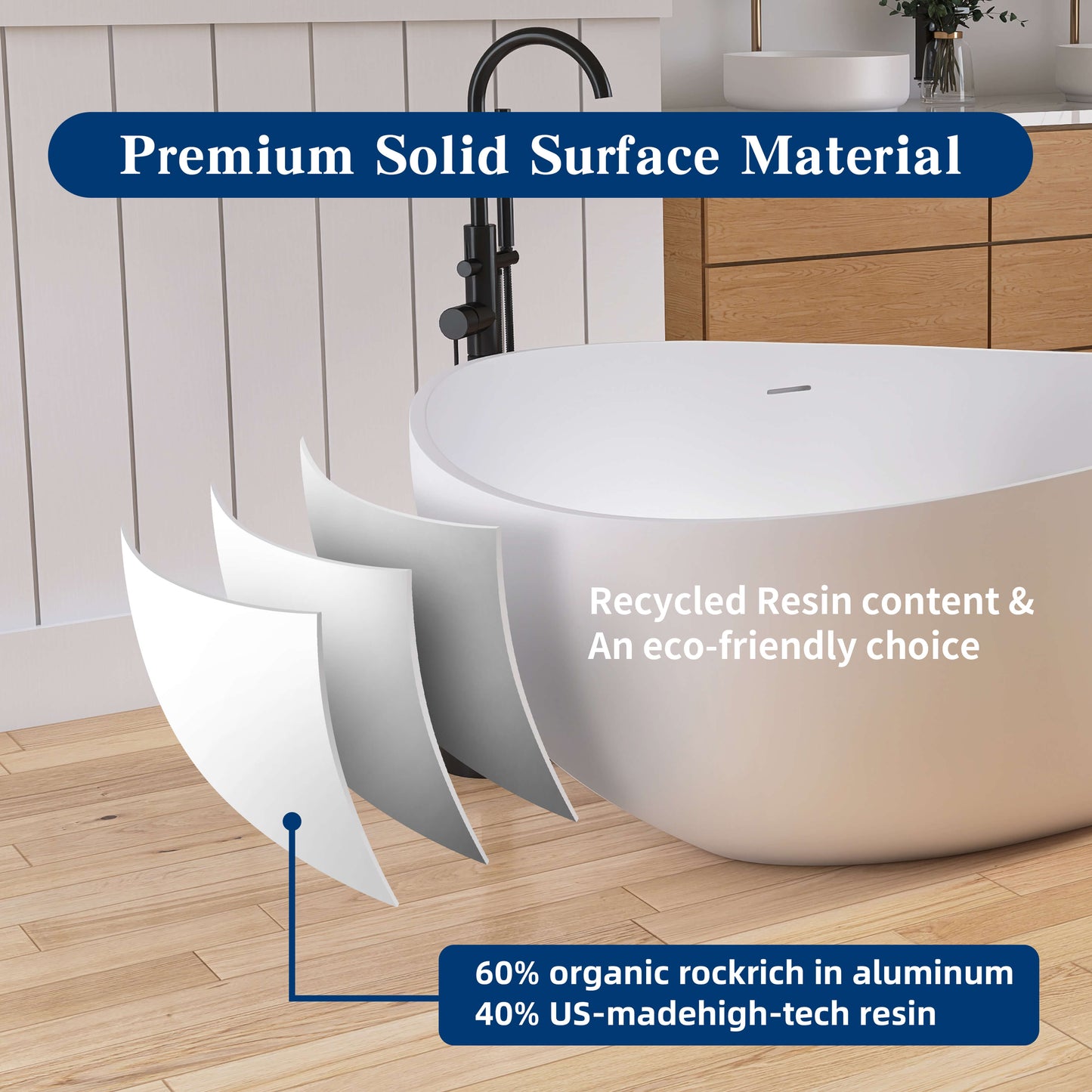 Medunjess 63" Wavy Freestanding Tub Solid Surface Freestadning Stone Resin Soaking Bathtub