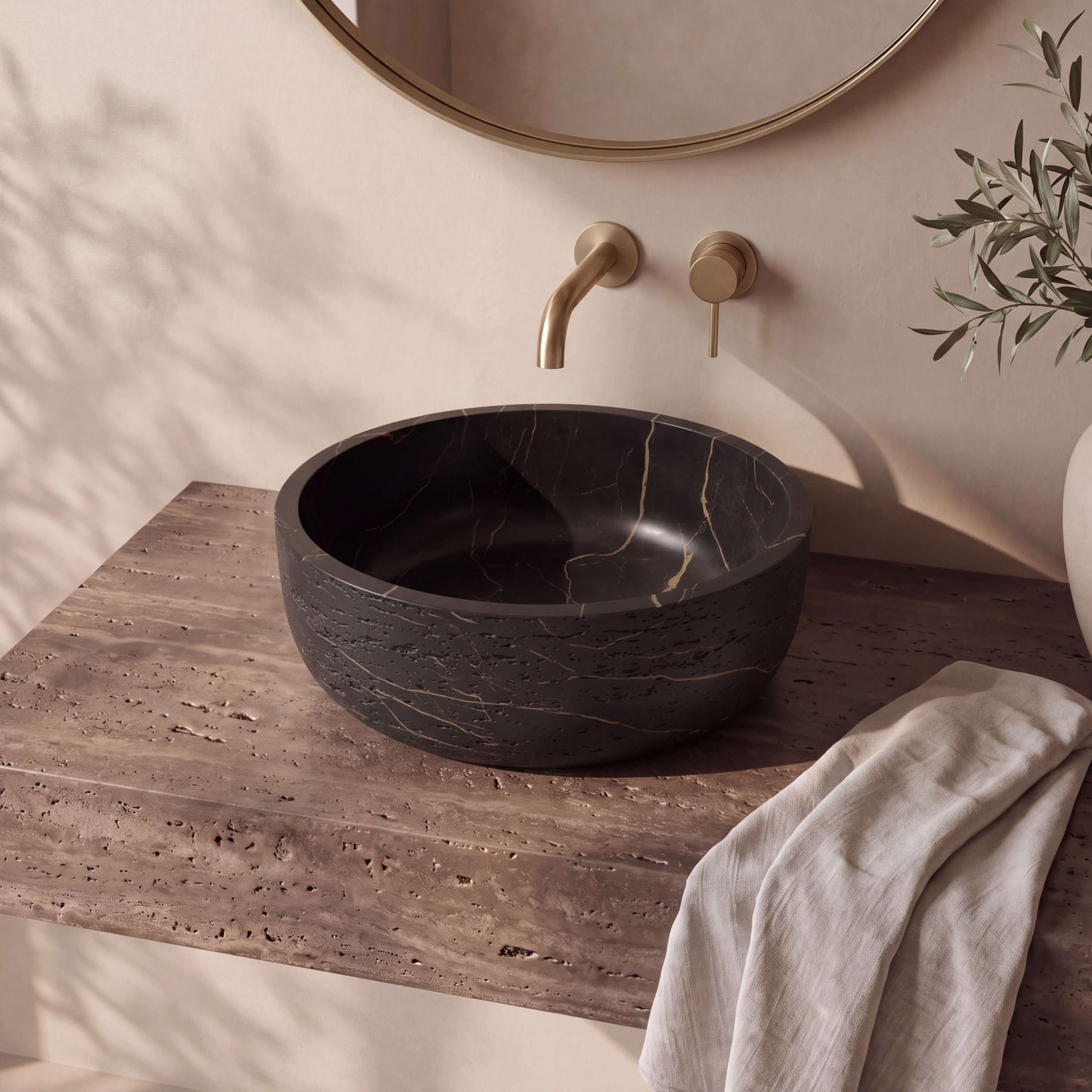 Medunjess 16" Round Solid Surface Stone Vessel Sink, Modern Black & Gold Marble Patterned Above