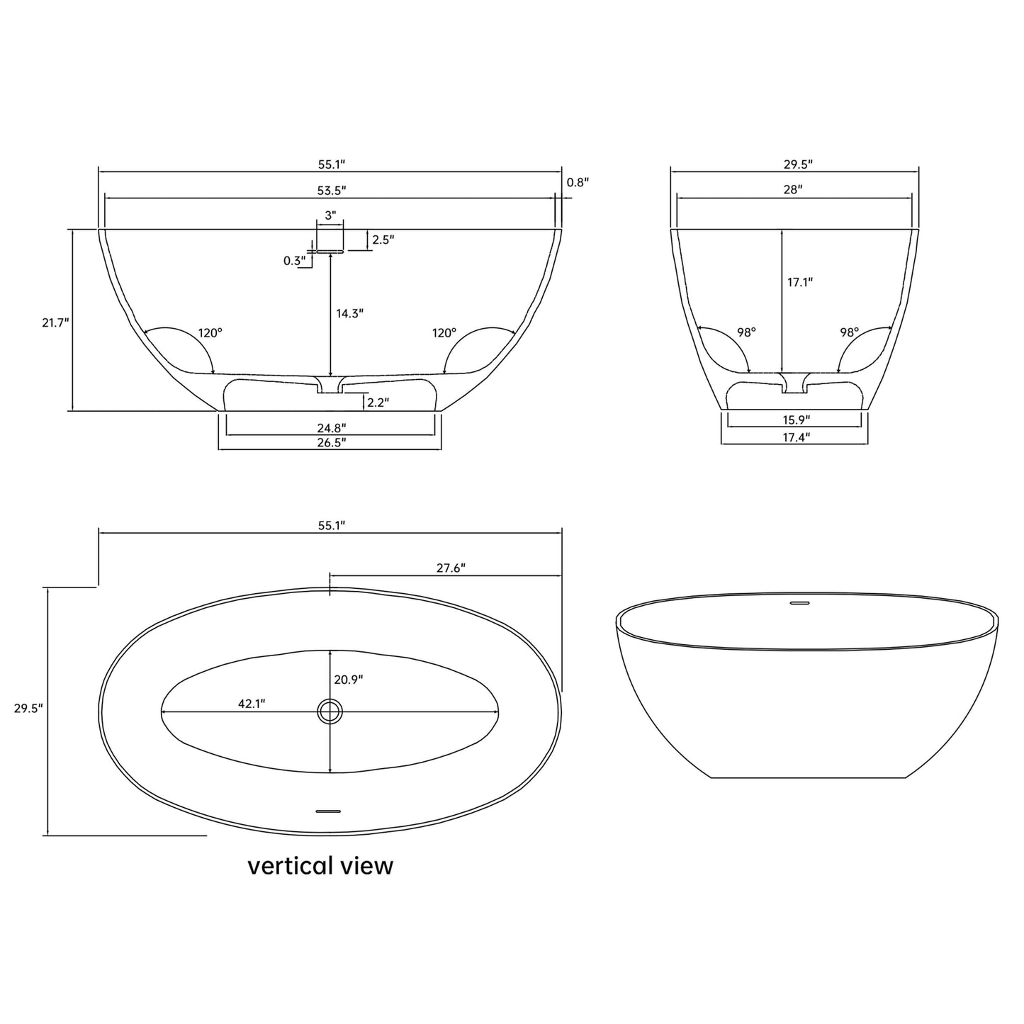 Medunjess 55'' Freestanding Tub Solid Surface Freestanding Soaking Bathtub,Black