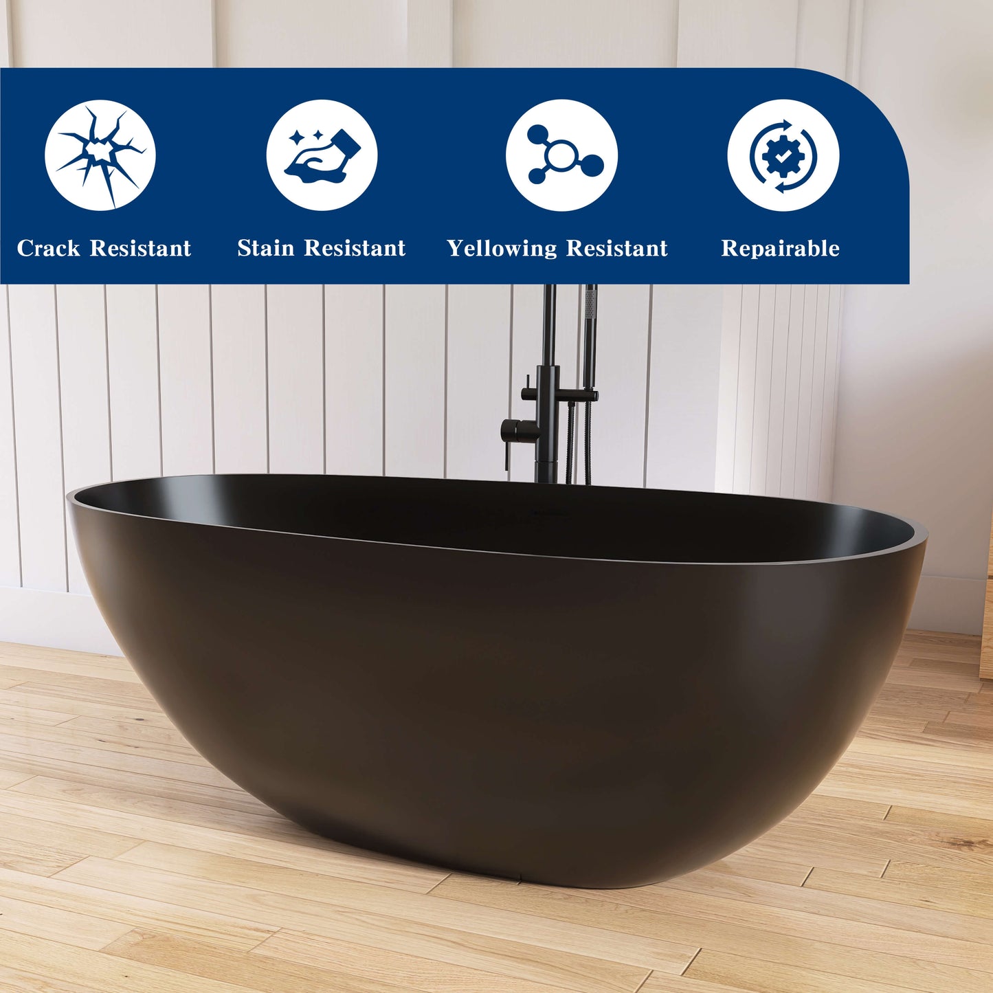 Medunjess 59'' Freestanding Tub Solid Surface Egg Shape Freestanding Soaking Tub,Black