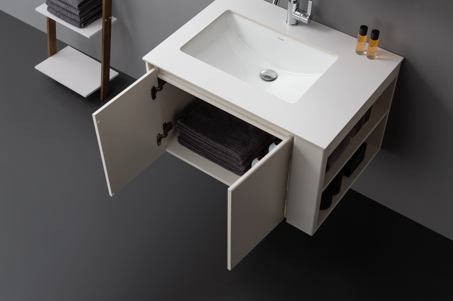 Medunjess Elegant Cream White Bathroom Cabinet with Mirror and Under-Counter Ceramic Basin