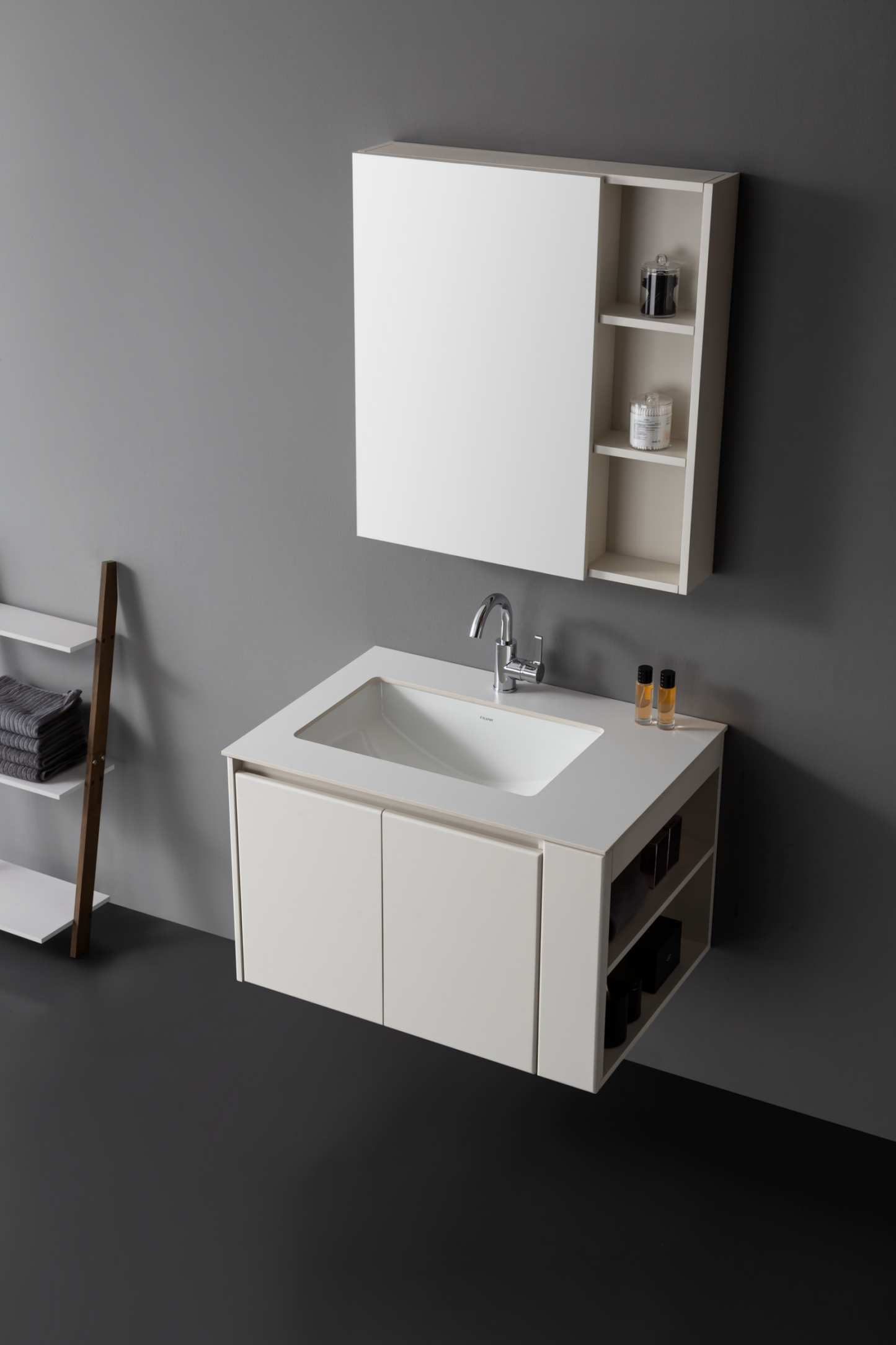 Medunjess Elegant Cream White Bathroom Cabinet with Mirror and Under-Counter Ceramic Basin