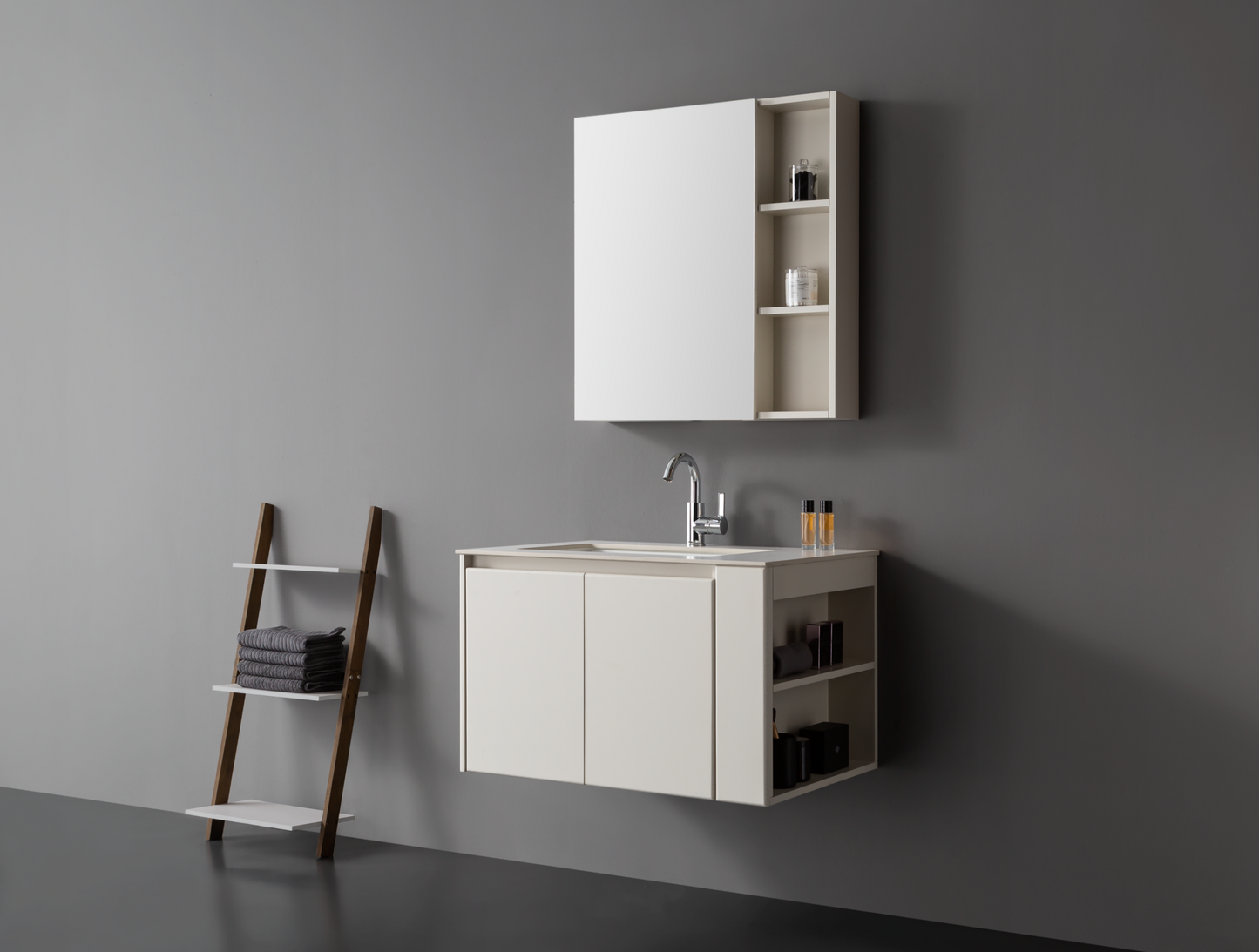 Medunjess Elegant Cream White Bathroom Cabinet with Mirror and Under-Counter Ceramic Basin