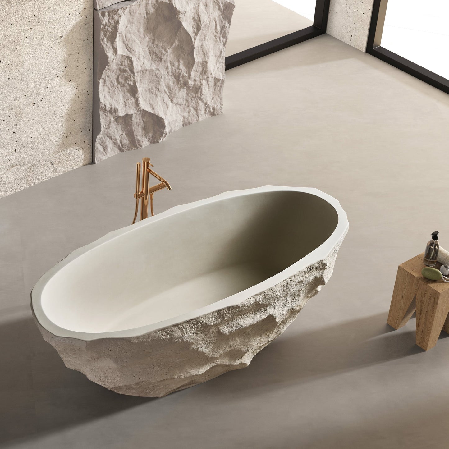 Modern bathroom with stone-textured freestanding bathtub and sinks.