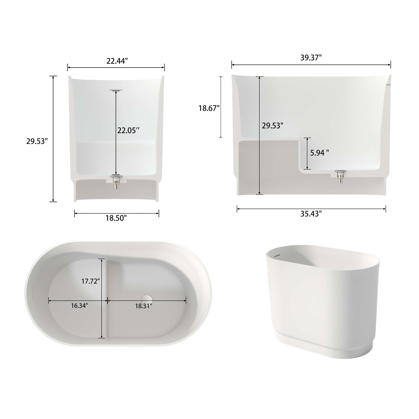 Medunjess 39'' Freestanding Tub Solid Surface Soaking Bathtub with Seat