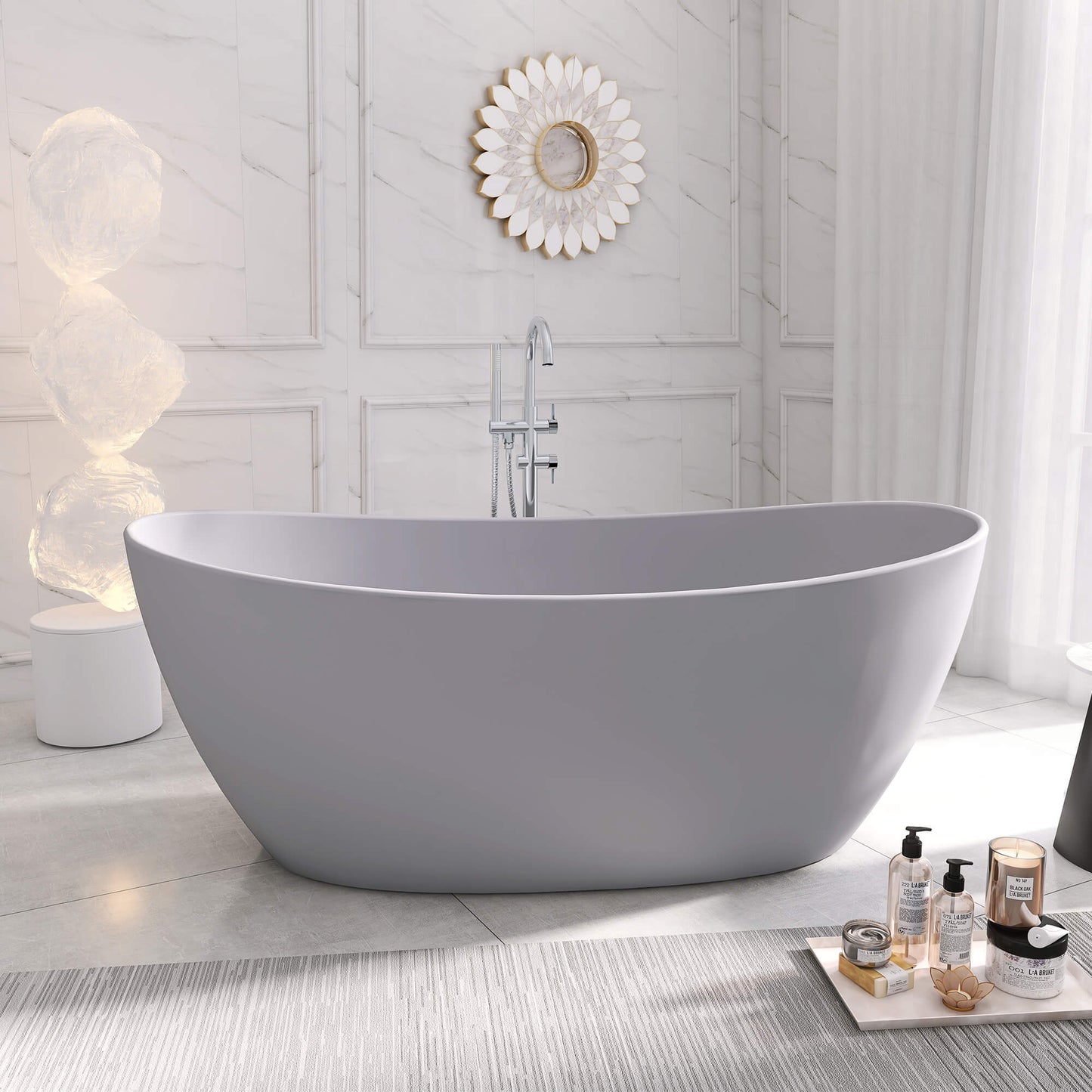Medunjess 65'' Freestanding Bathtub Solid Surface Deep Soaking Tubs Double Slippers