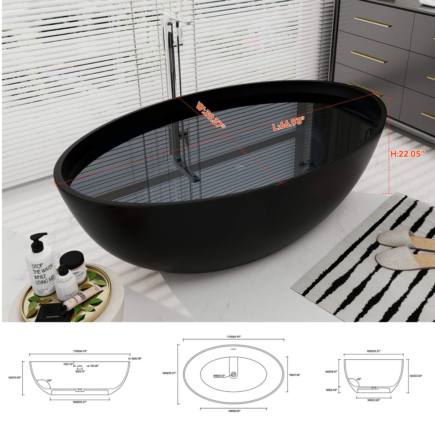 Medunjess 67'' Freestanding Tub Solid Surface Wide Freestanding Soaking Bathtub