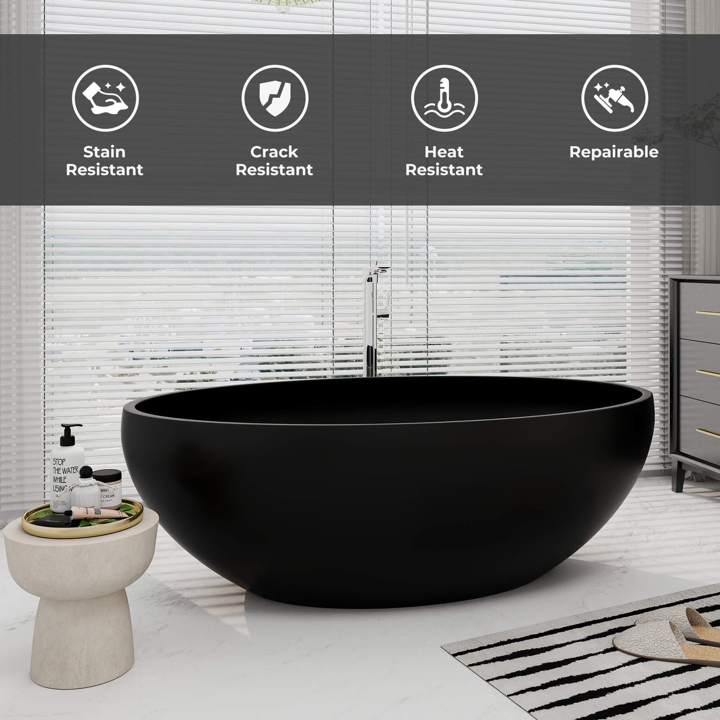 Medunjess 67'' Freestanding Tub Solid Surface Wide Freestanding Soaking Bathtub
