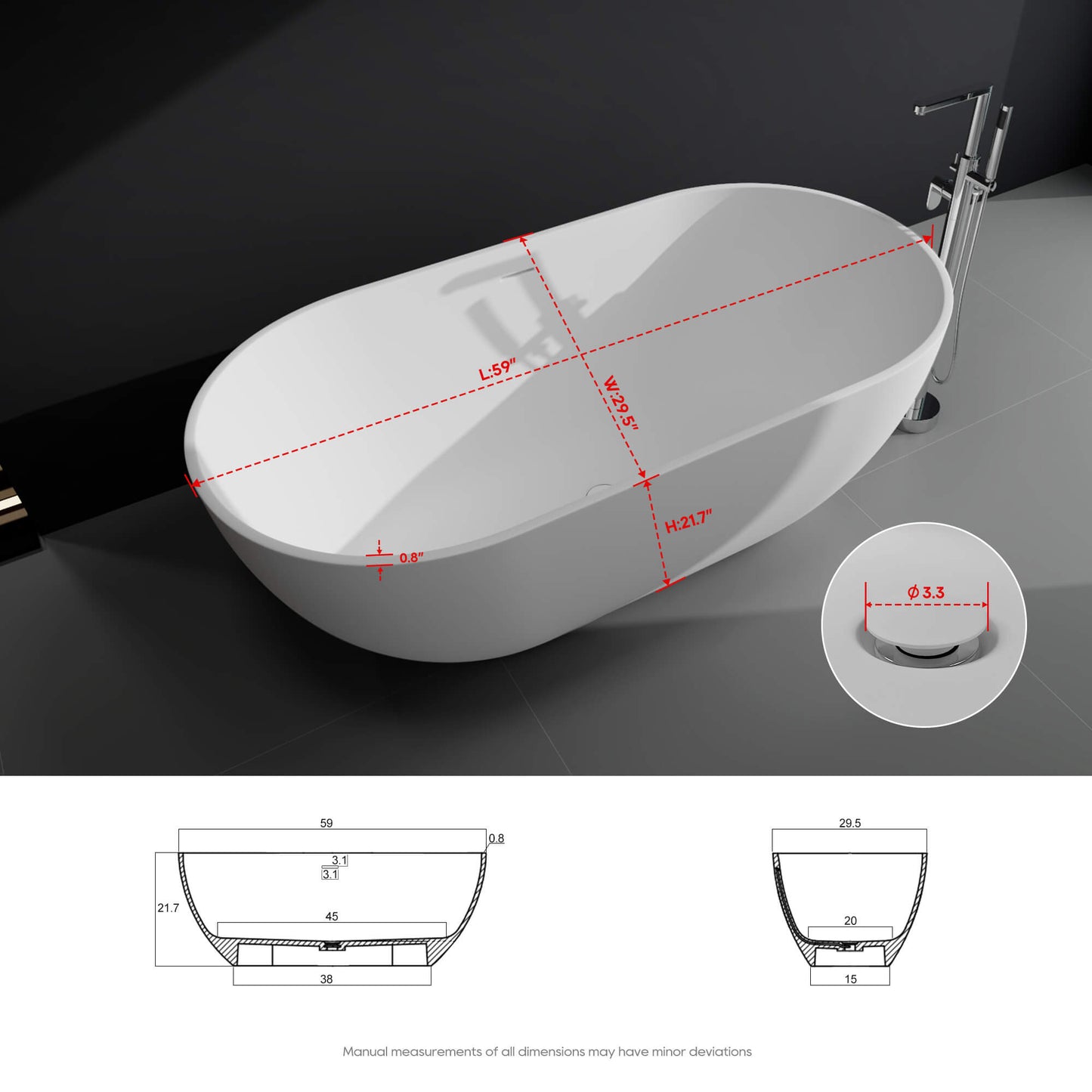 Medunjess 59''Freestanding immersion solid surface bathtubs