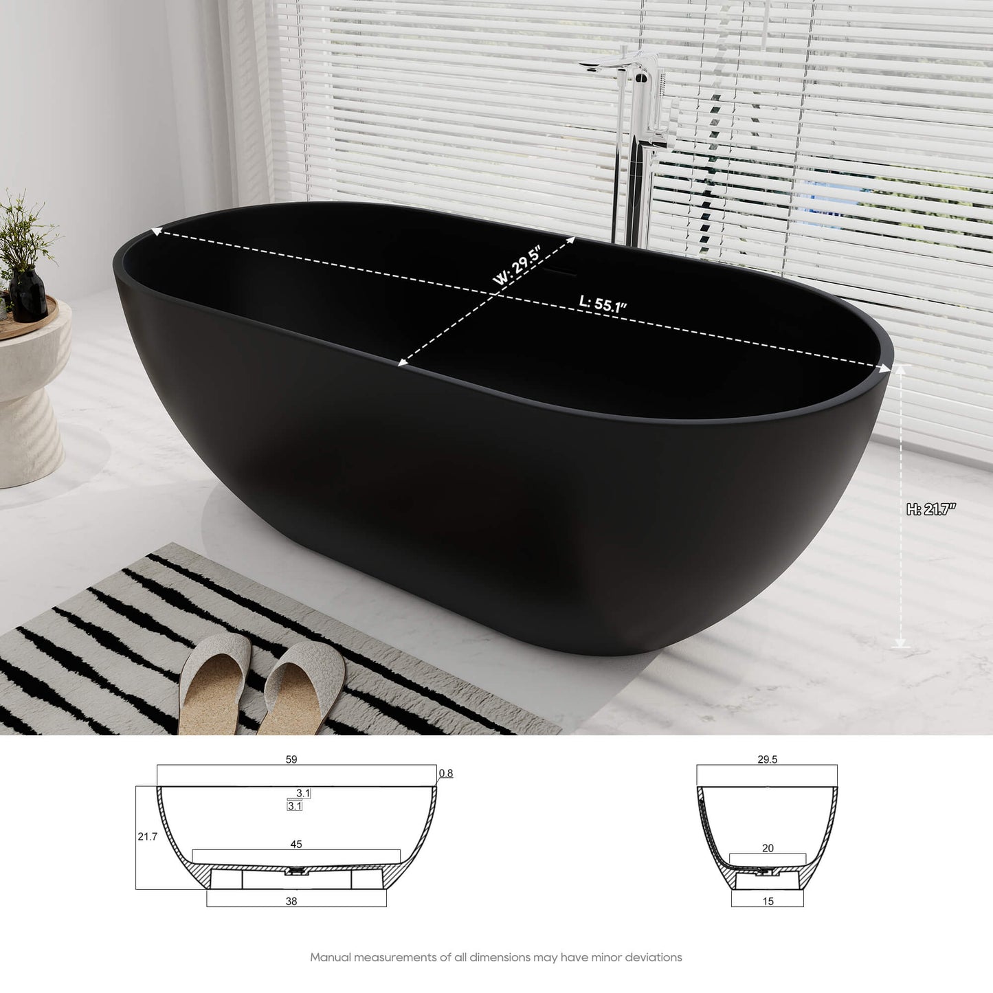 Medunjess 59''Freestanding immersion solid surface bathtubs