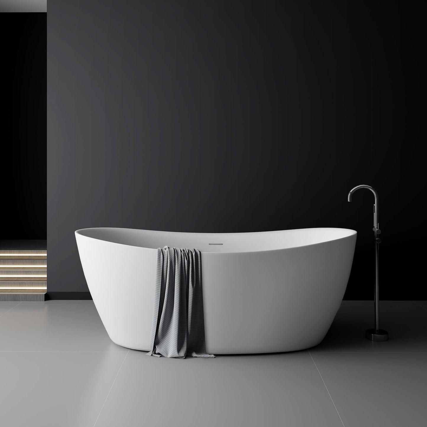 Medunjess 65'' Freestanding Bathtub Solid Surface Deep Soaking Tubs Double Slippers