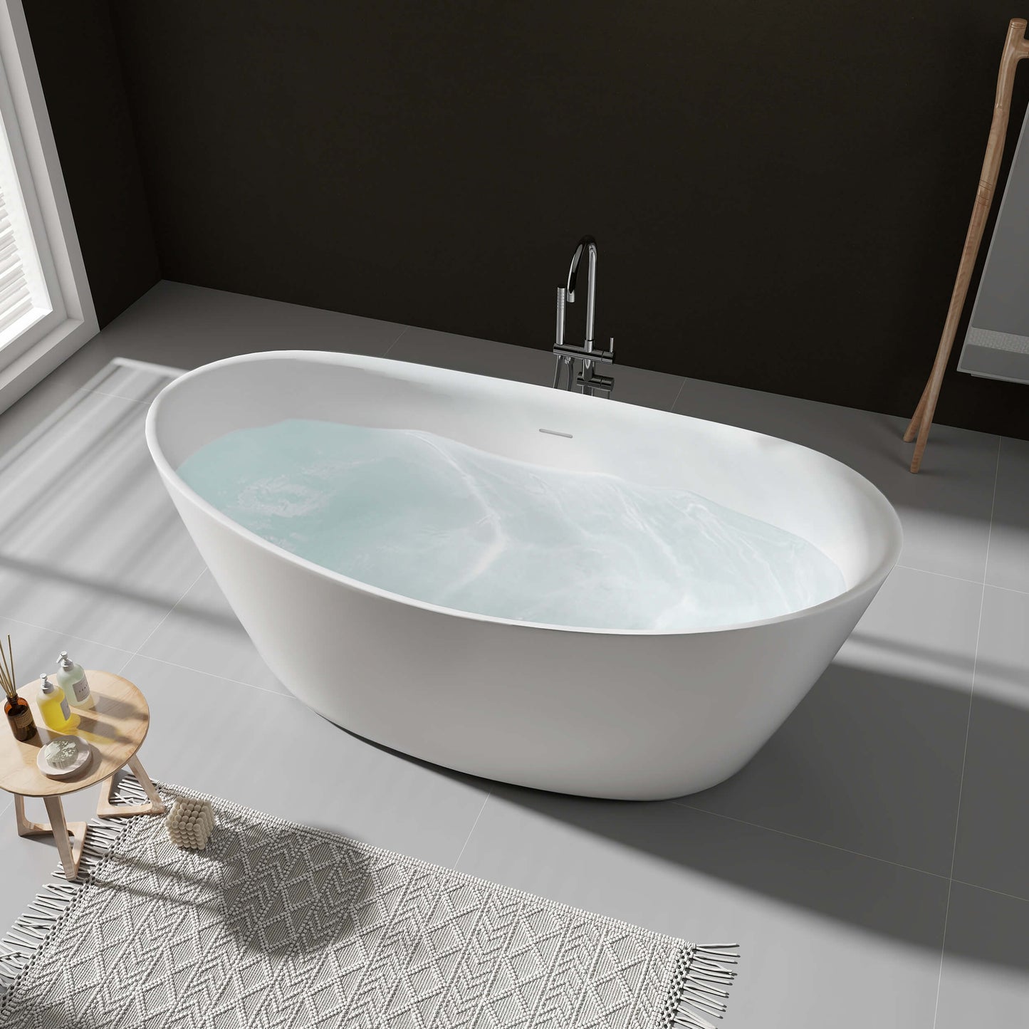 Medunjess 65'' Freestanding Bathtub Solid Surface Deep Soaking Tubs Double Slippers