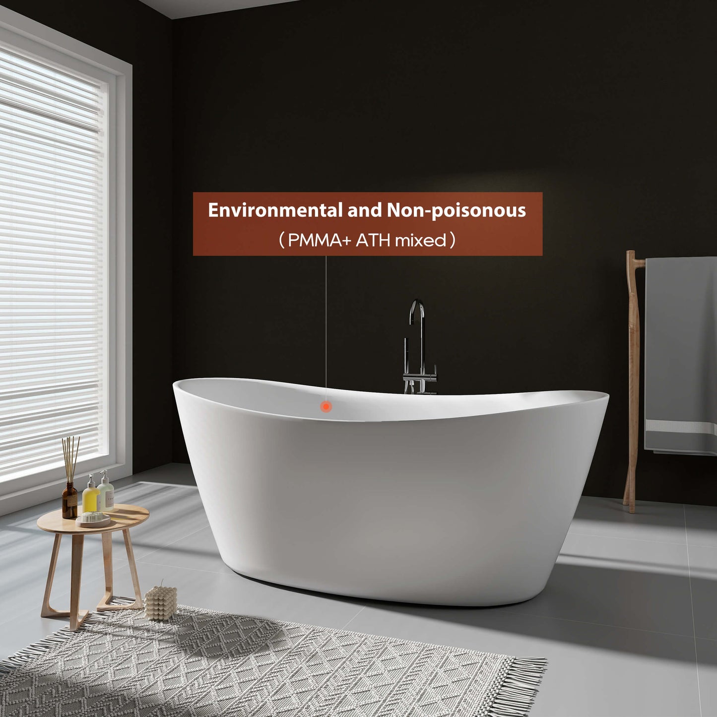 Medunjess 65'' Freestanding Bathtub Solid Surface Deep Soaking Tubs Double Slippers