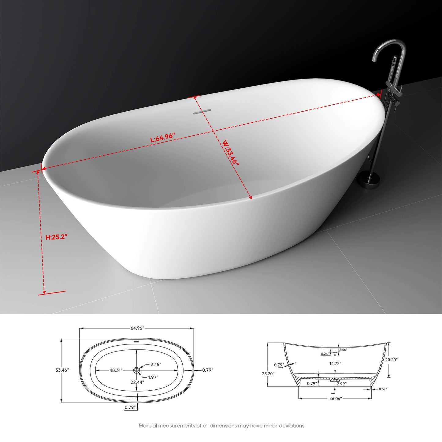 Medunjess 65'' Freestanding Bathtub Solid Surface Deep Soaking Tubs Double Slippers
