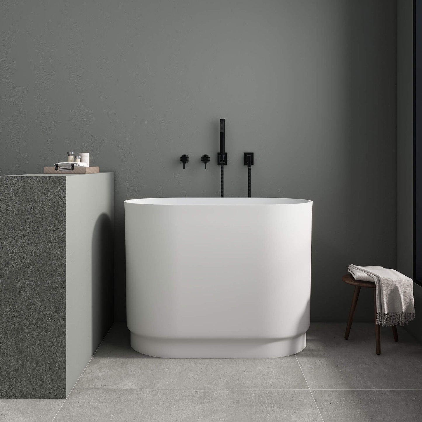 Medunjess 39'' Freestanding Tub Solid Surface Soaking Bathtub with Seat