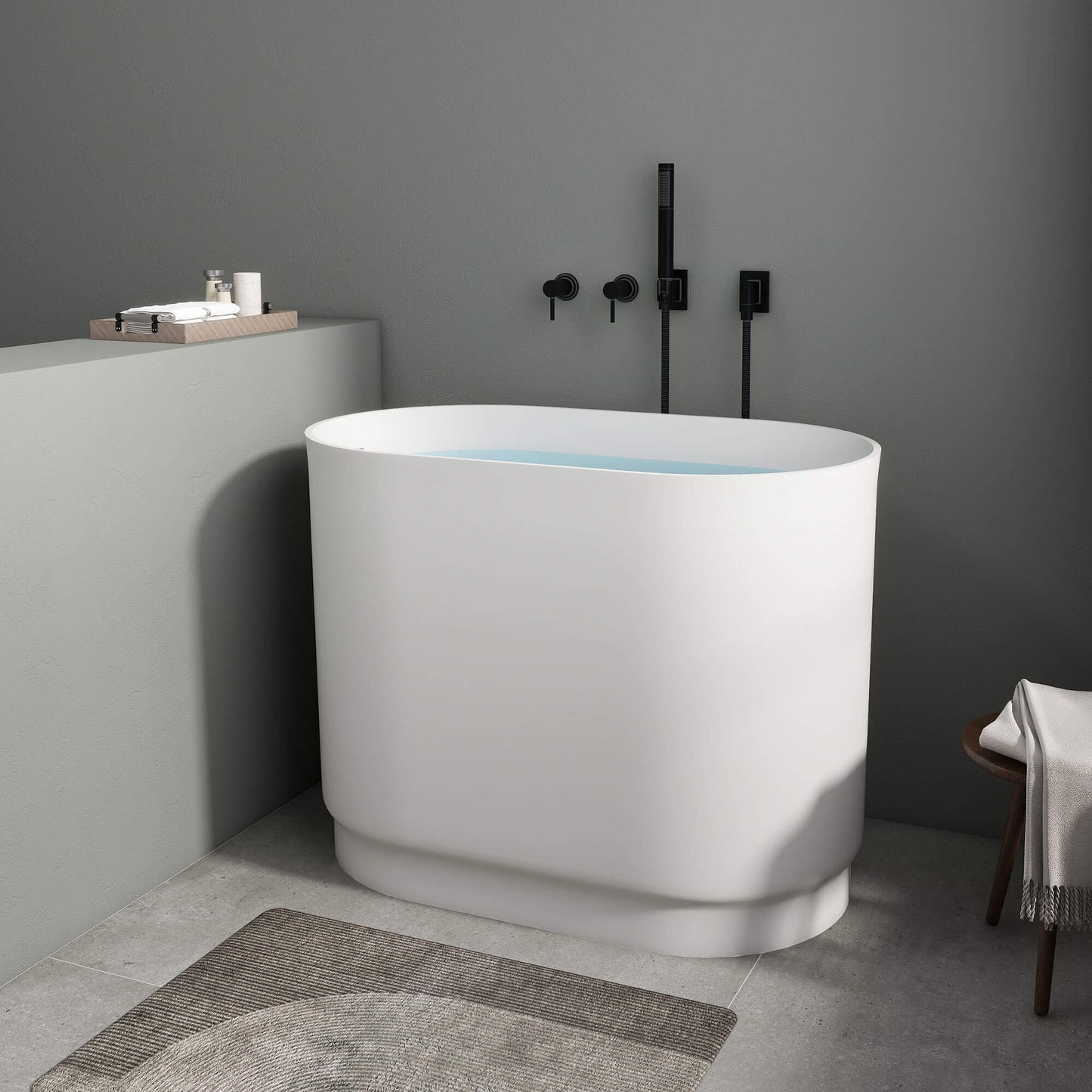 Medunjess 39'' Freestanding Tub Solid Surface Soaking Bathtub with Seat