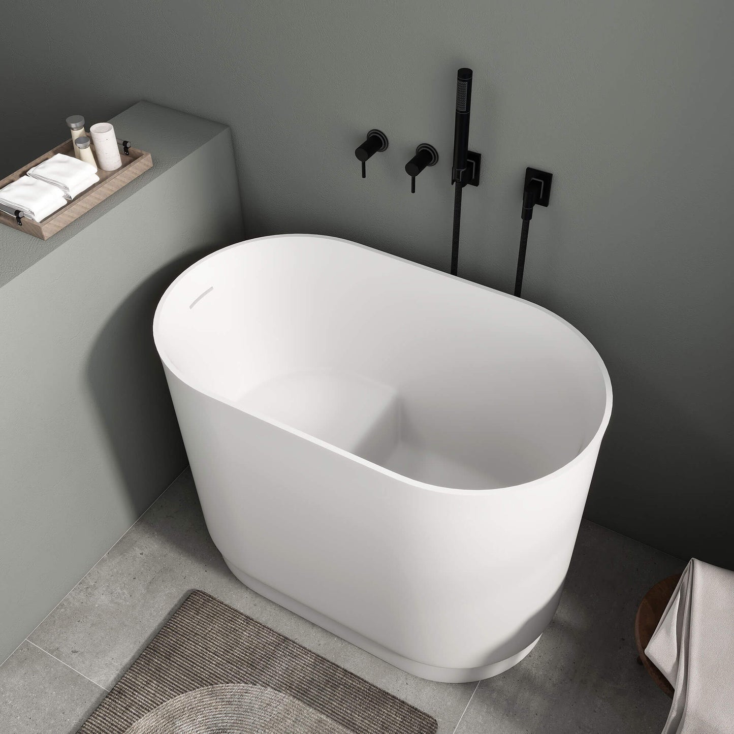 Medunjess 39'' Freestanding Tub Solid Surface Soaking Bathtub with Seat