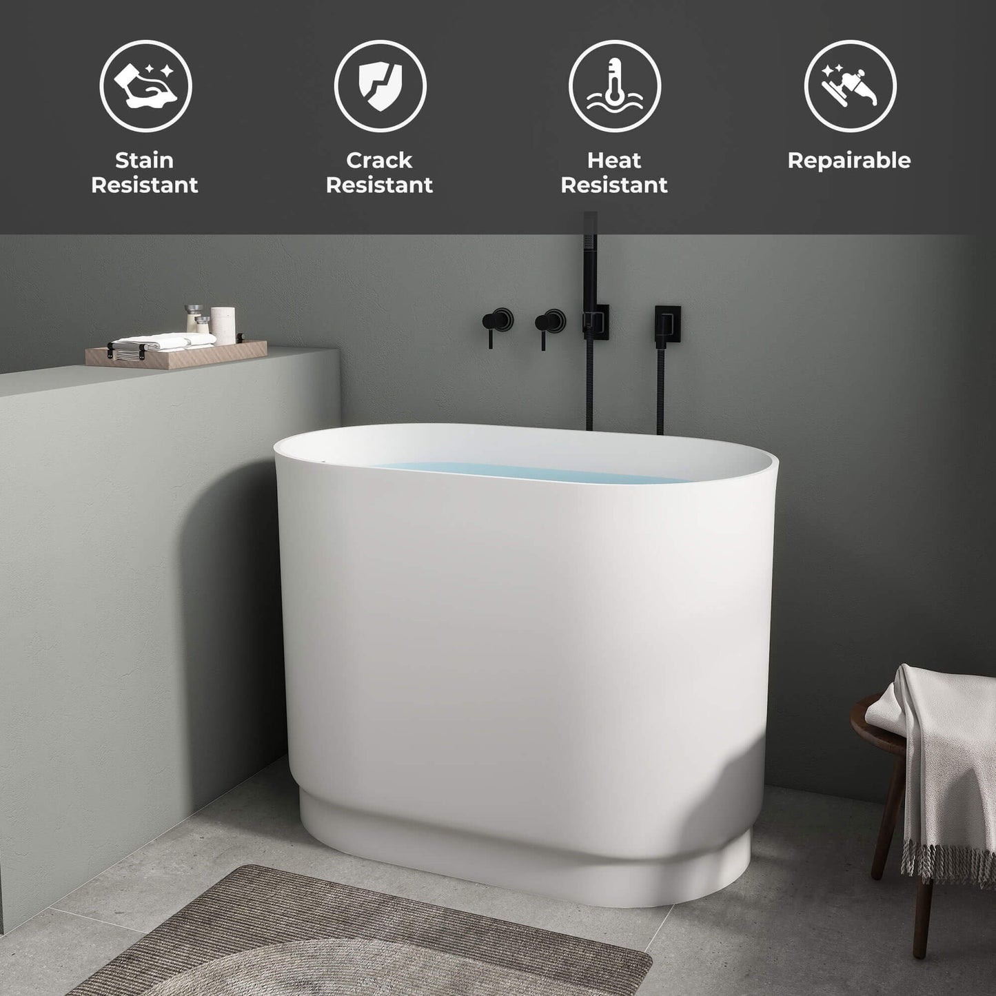 Medunjess 39'' Freestanding Tub Solid Surface Soaking Bathtub with Seat