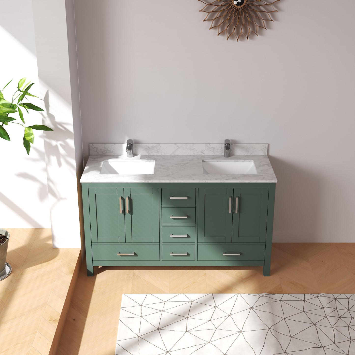 Medunjess 60" Green Wood Double Sink Bathroom Vanity with Quartz Top