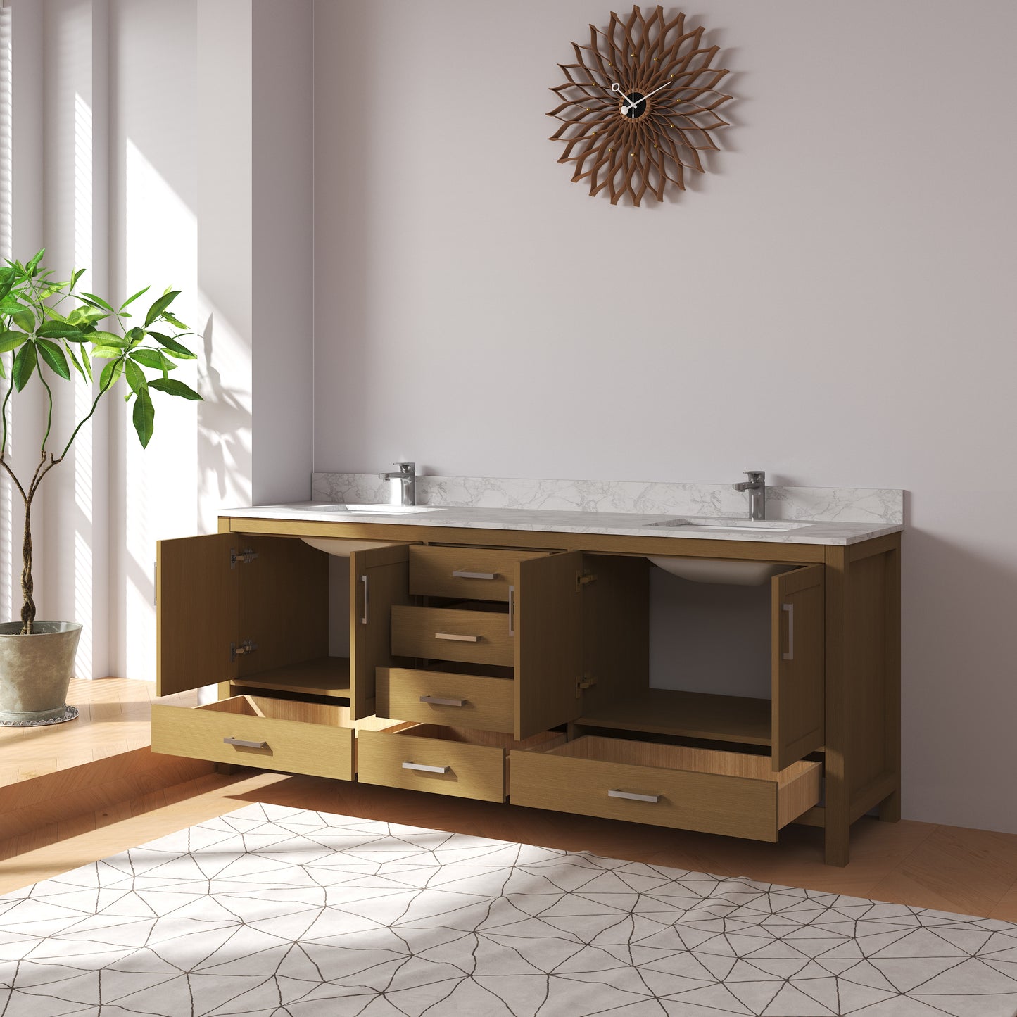 Medunjess 60" 84" Natural Wood Bathroom Vanity with Quartz Top