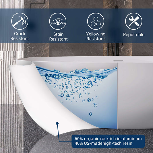 Medunjess 71" Freestanding Tub Solid Surface Resin Stone Freestanding Soaking Bathtub