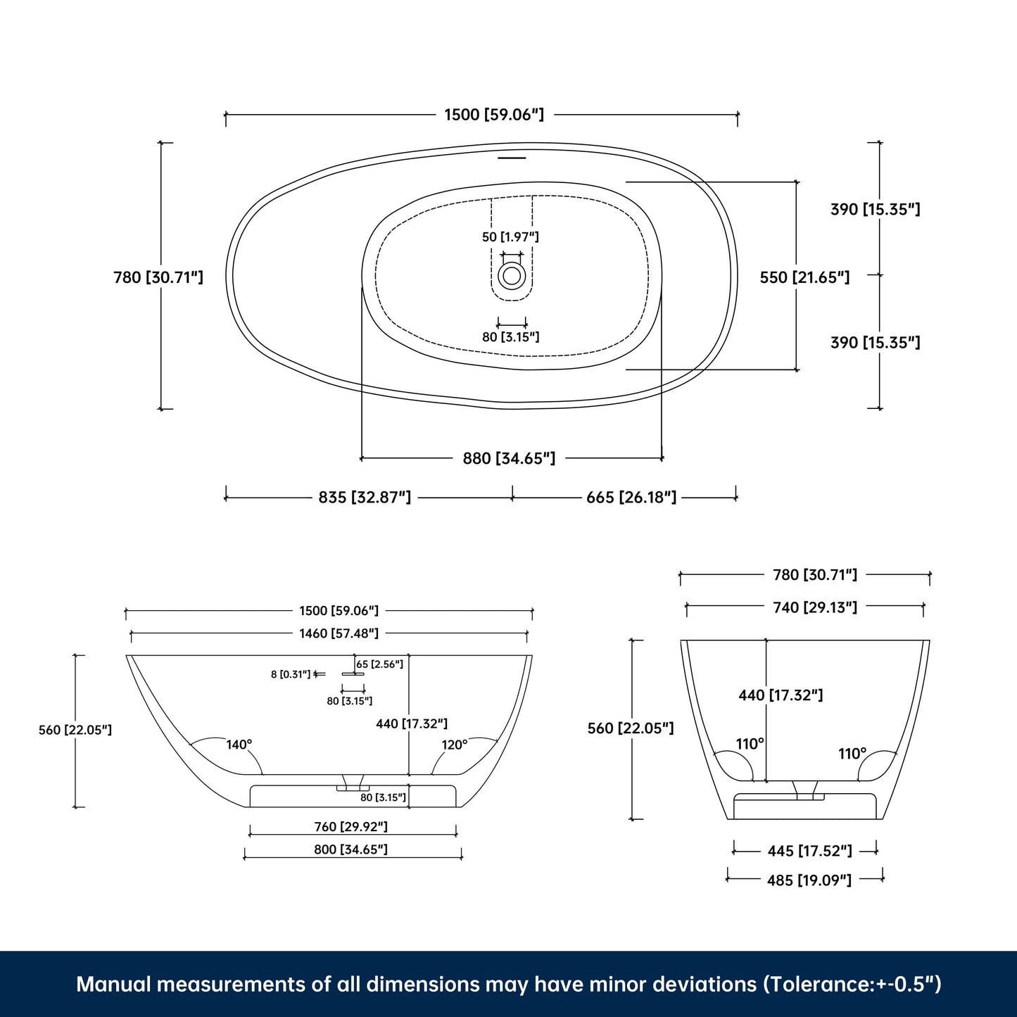 Medunjess 59'' Freestanding Tub Solid Surface Egg Shape Freestanding Soaking Tub,Black