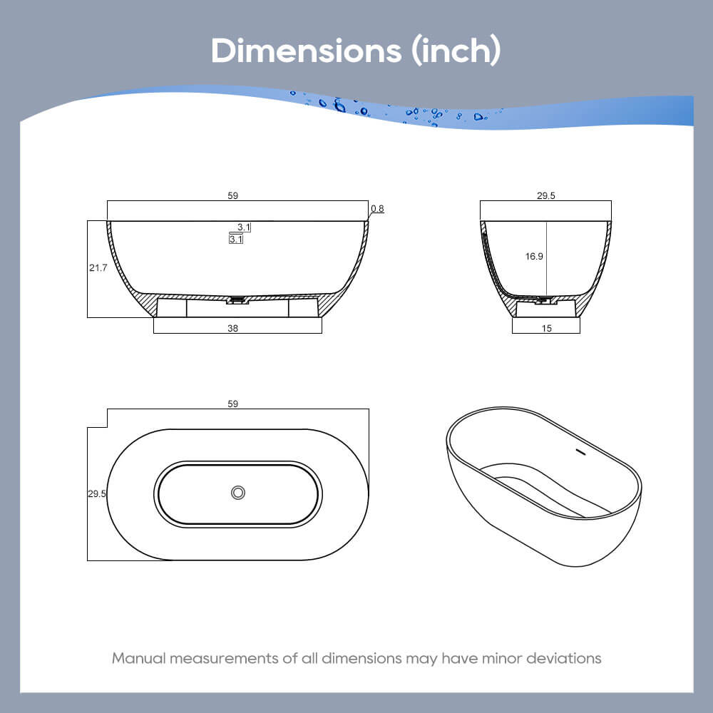 Medunjess 59''Freestanding immersion solid surface bathtubs