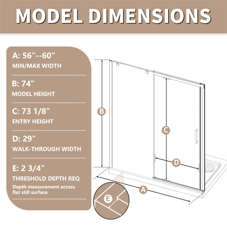 Medunjess DU74-06B 56"- 60" W X 74" H Single Sliding Semi-Frameless Shower Door