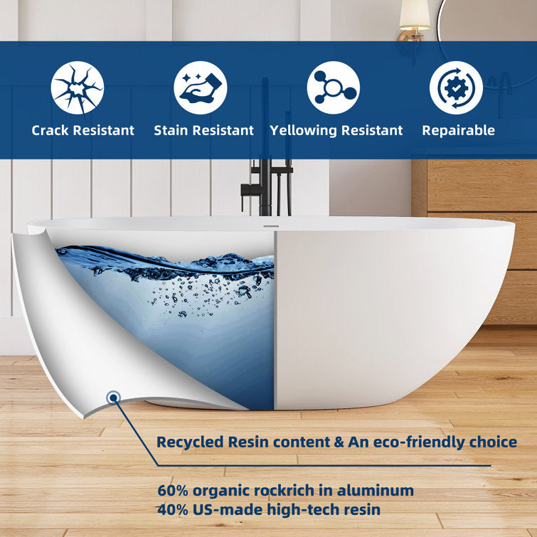 Medunjess 61'' Freestanding Tub Solid Surface Stone Resin Free Standing Soaking Bathtub