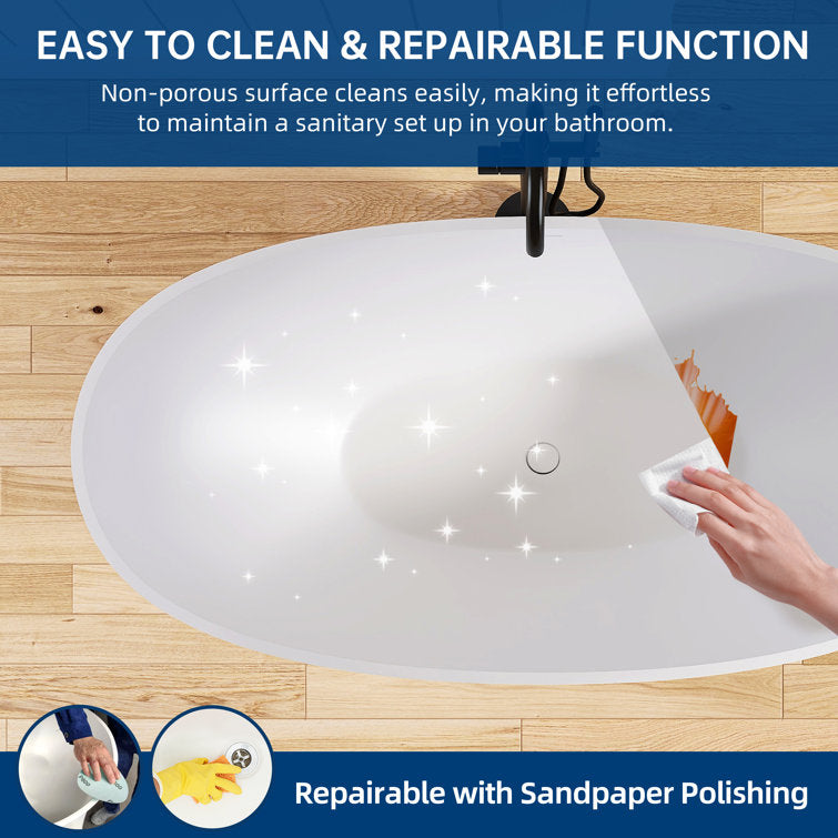 Medunjess 61'' Freestanding Tub Solid Surface Stone Resin Free Standing Soaking Bathtub