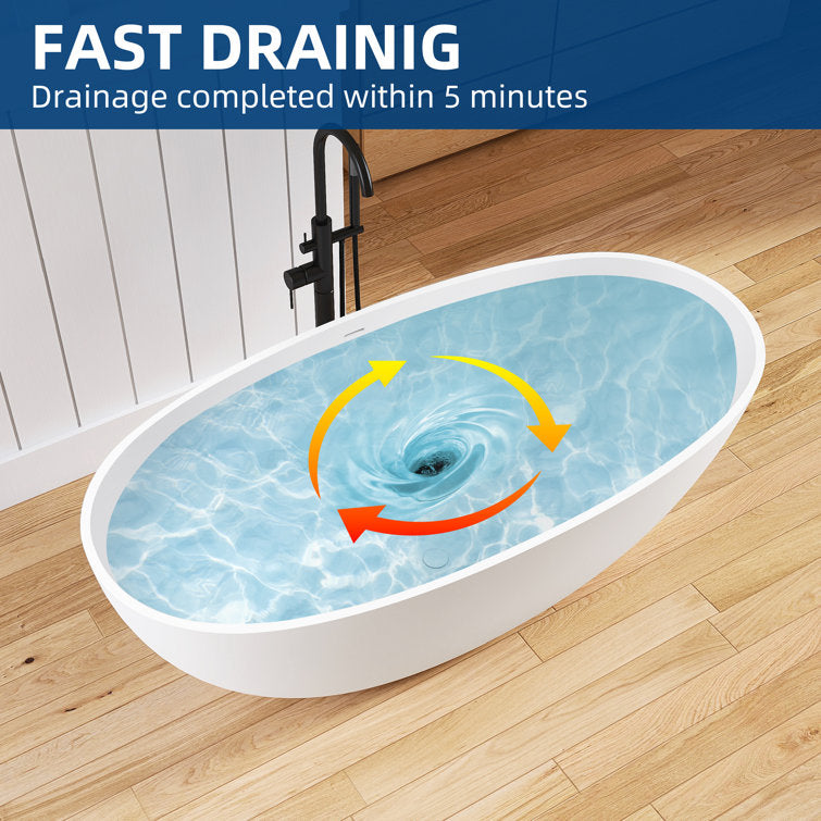 Medunjess 61'' Freestanding Tub Solid Surface Stone Resin Free Standing Soaking Bathtub