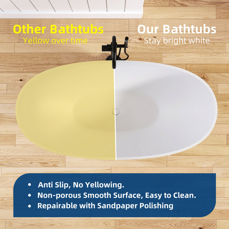 Medunjess 61'' Freestanding Tub Solid Surface Stone Resin Free Standing Soaking Bathtub