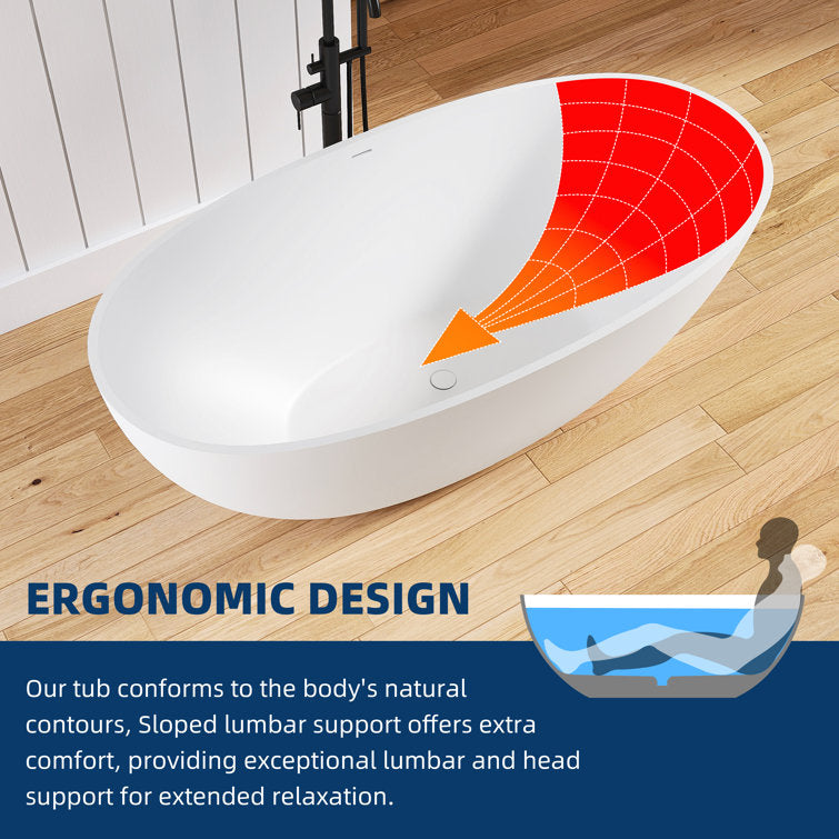 Medunjess 61'' Freestanding Tub Solid Surface Stone Resin Free Standing Soaking Bathtub