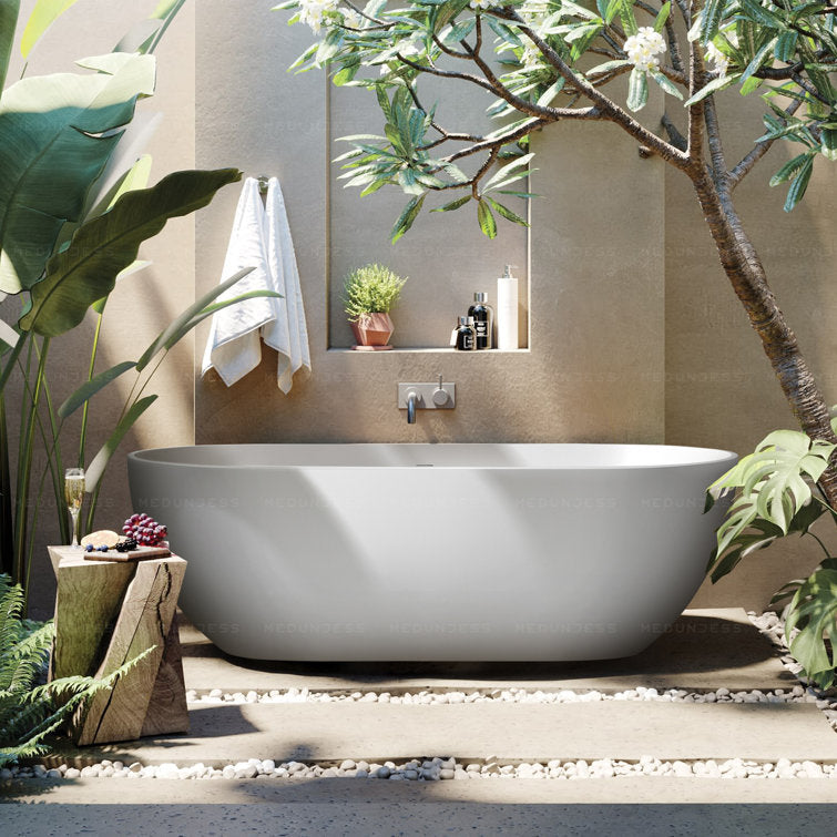 Medunjess 69" Freestanding Soaking Bathtub Solid Surface Stone Resin Soaking Tubs