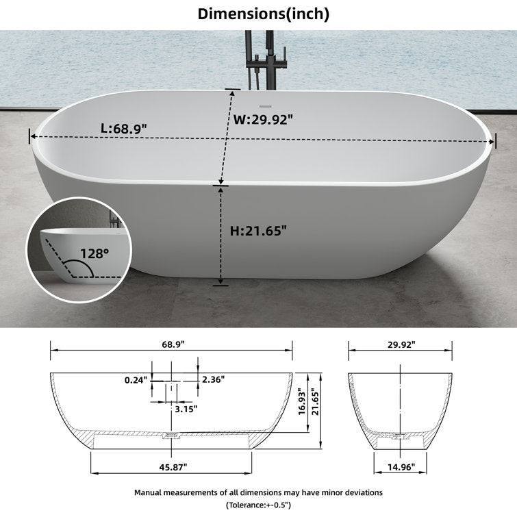 Medunjess 69" Freestanding Soaking Bathtub Solid Surface Stone Resin Soaking Tubs