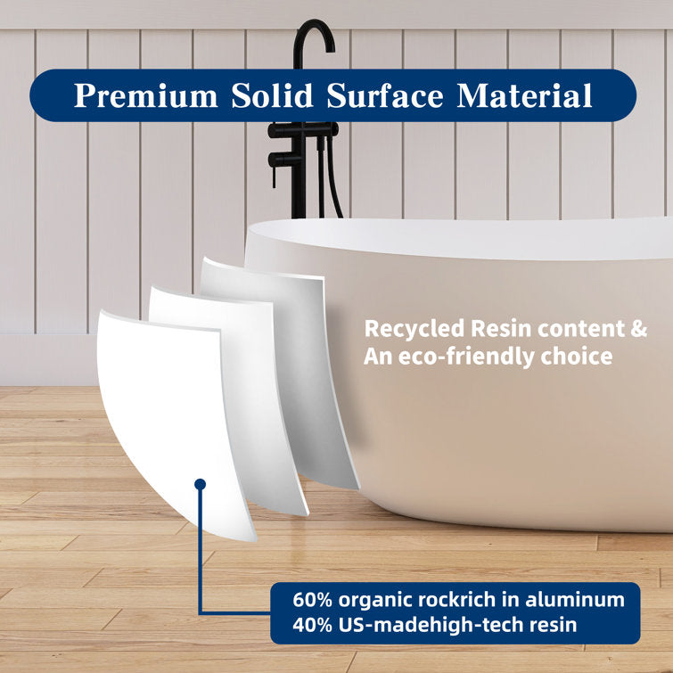 Medunjess 63'' Freestanding Tub Solid Surface Freestanding Soaking Bathtub