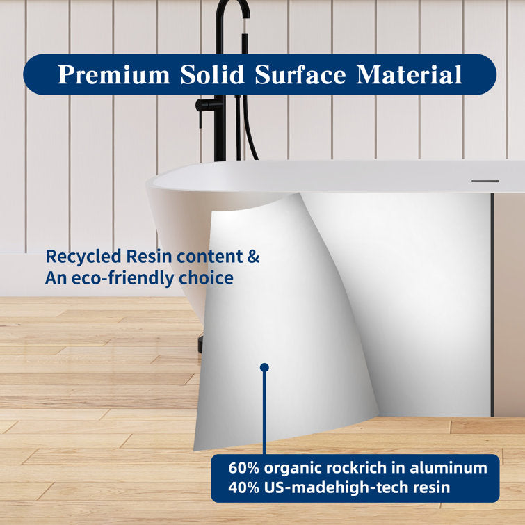 Medunjess 63'' Freestanding Tub Solid Surface Freestanding Soaking Bathtub