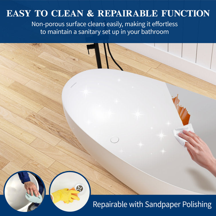 Medunjess 63'' Freestanding Tub Solid Surface Freestanding Soaking Bathtub