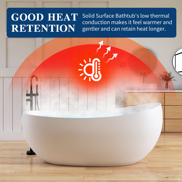 Medunjess 63'' Freestanding Tub Solid Surface Freestanding Soaking Bathtub