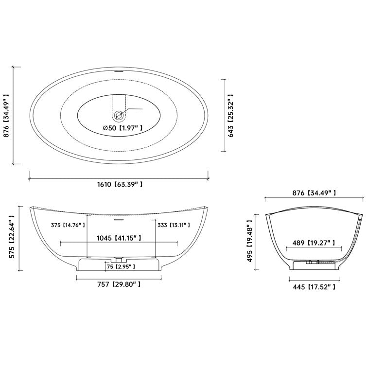 Medunjess 63.4'' x 34.5'' Freestanding Soaking Solid Surface Bathtub