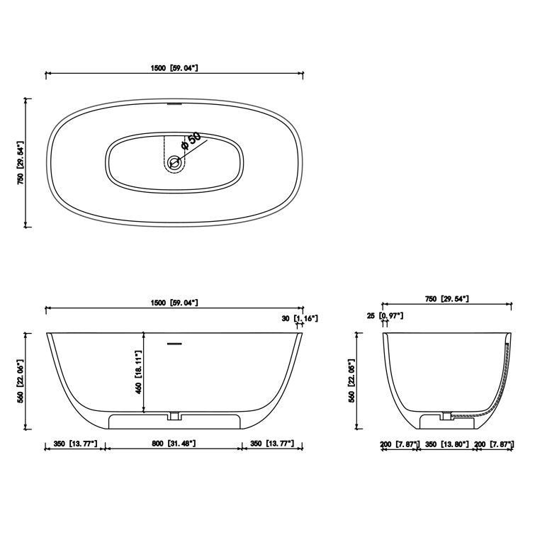 Medunjess 59.06'' x 29.53'' Freestanding Soaking Solid Surface Bathtub