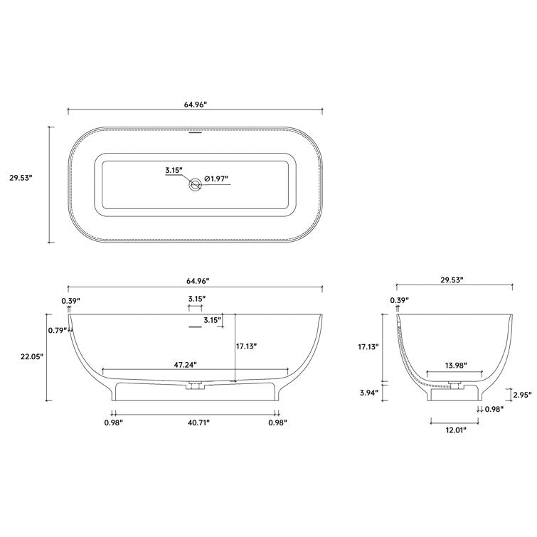 Medunjess 65'' Freestanding Tub Solid Surface Freestanding Soaking Bathtub