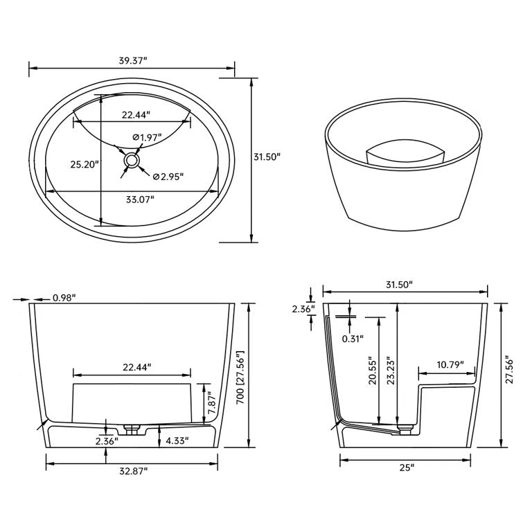 Medunjess 39'' Freestanding Tub Solid Surface Japanese Soaking Bathtub With Seat