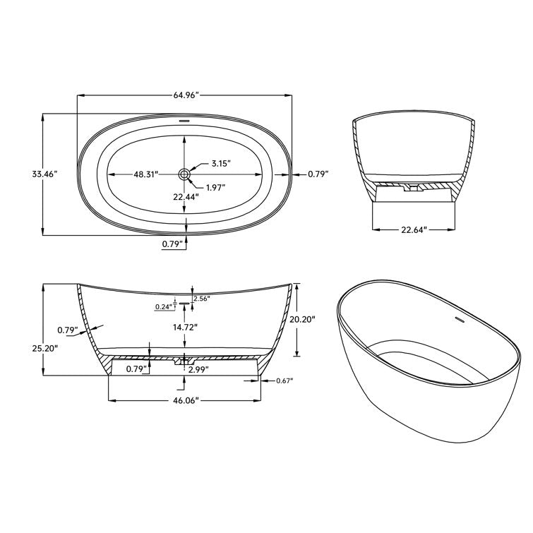 Medunjess 65'' Freestanding Tub Solid Surface Soaking Bathtub