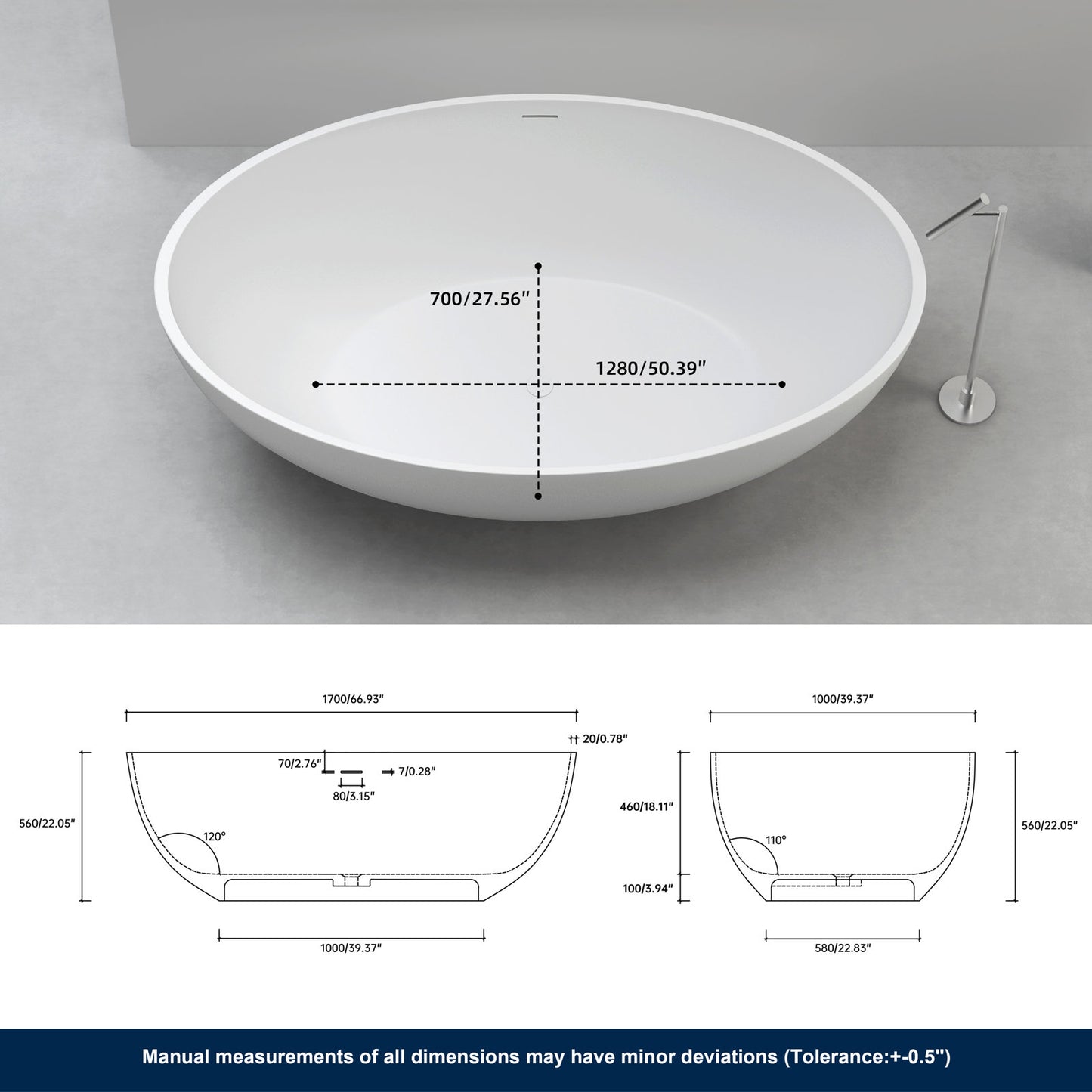 Medunjess 67'' Stone Resin Solid Surface Matte Flatbottom Freestanding Bathtub