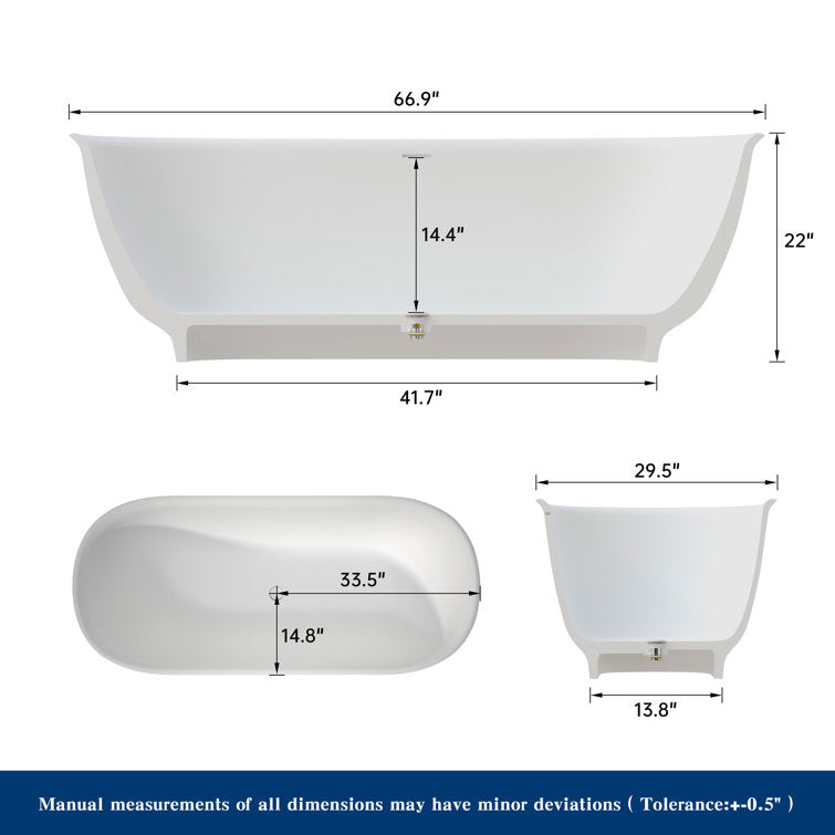 Medunjess 67'' Freestanding Tub Solid Surface Freestanding Soaking Bathtub