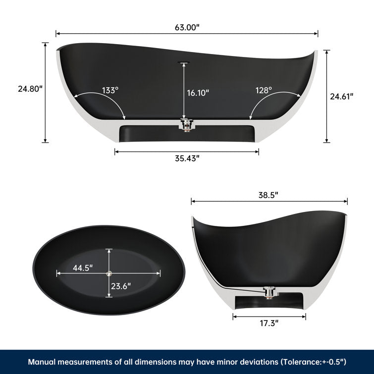 Medunjess 63" Wavy Freestanding Tub Solid Surface Freestadning Stone Resin Soaking Bathtub