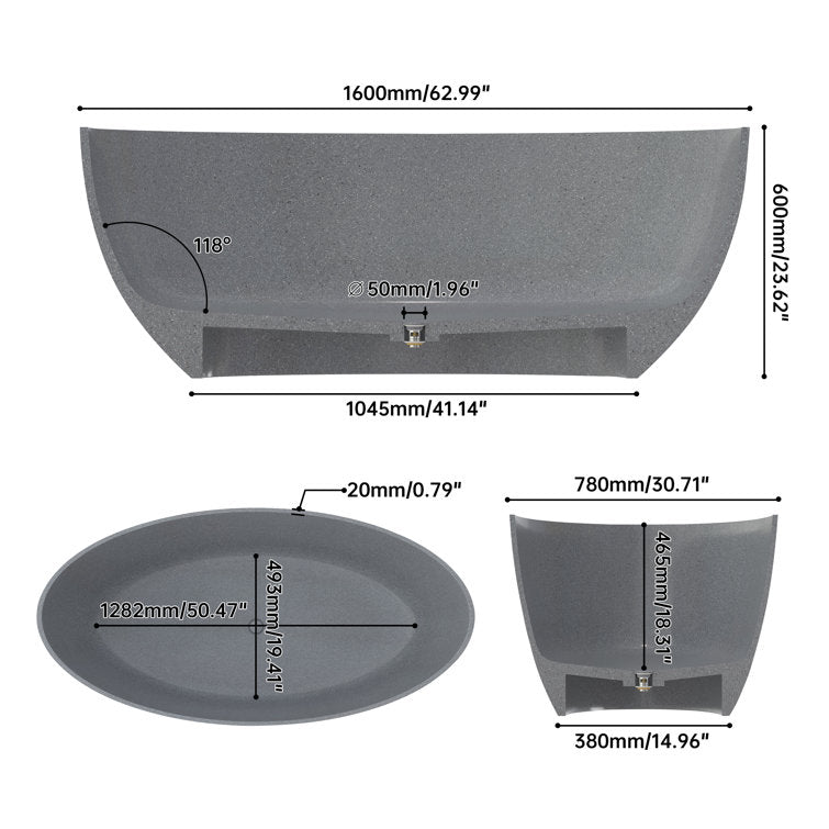 Medunjess 63'' Terrazzo Freestanding Solid Surface Outdoor Soaking Stone Bathtub Concrete