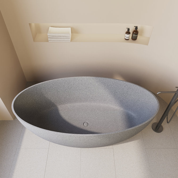 Medunjess 63'' Terrazzo Freestanding Solid Surface Outdoor Soaking Stone Bathtub Concrete